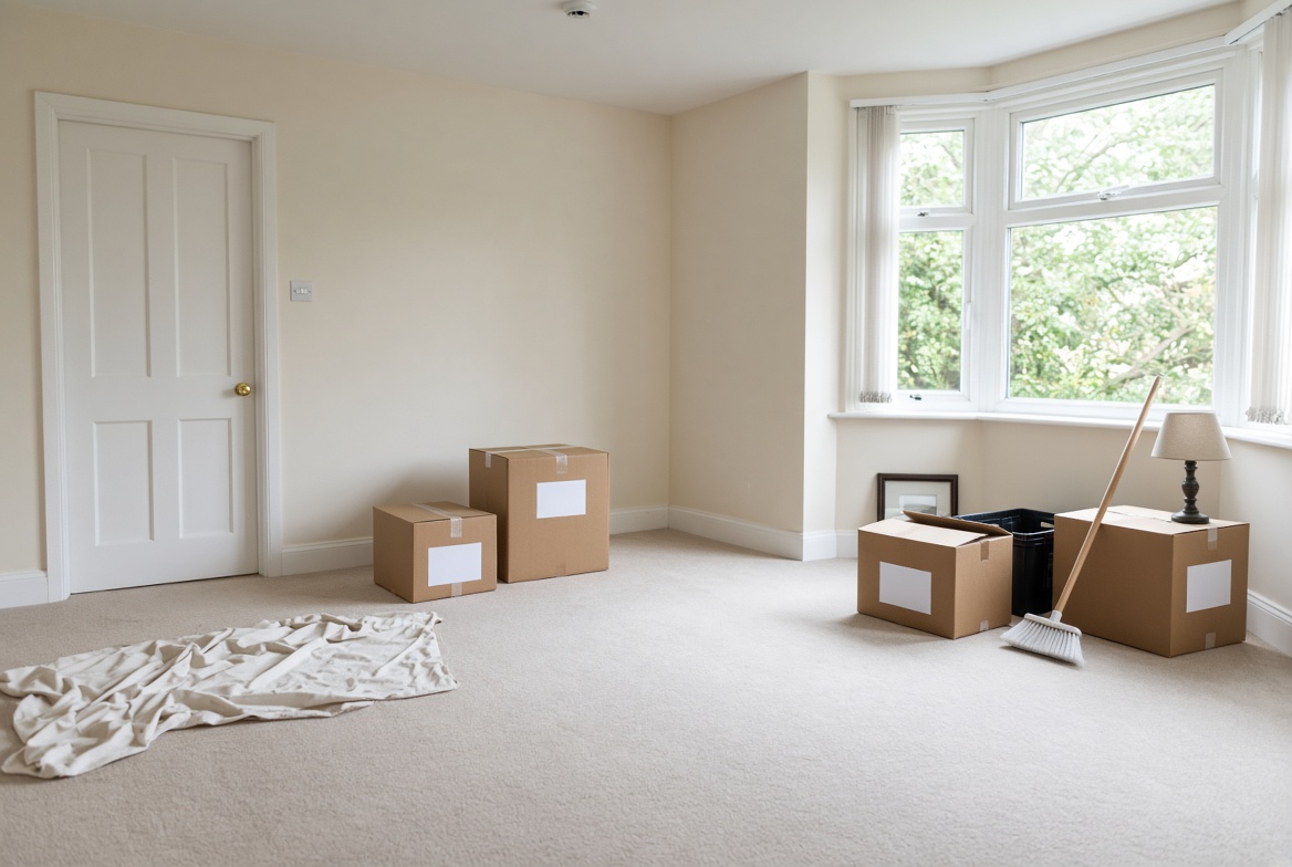A room being cleared with labelled boxes