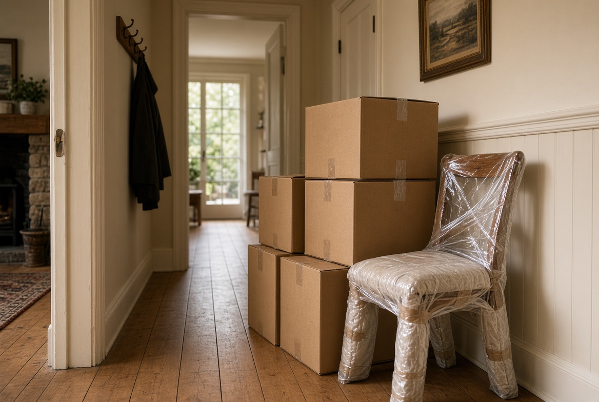 Packed boxes and a wrapped chair ready for collection