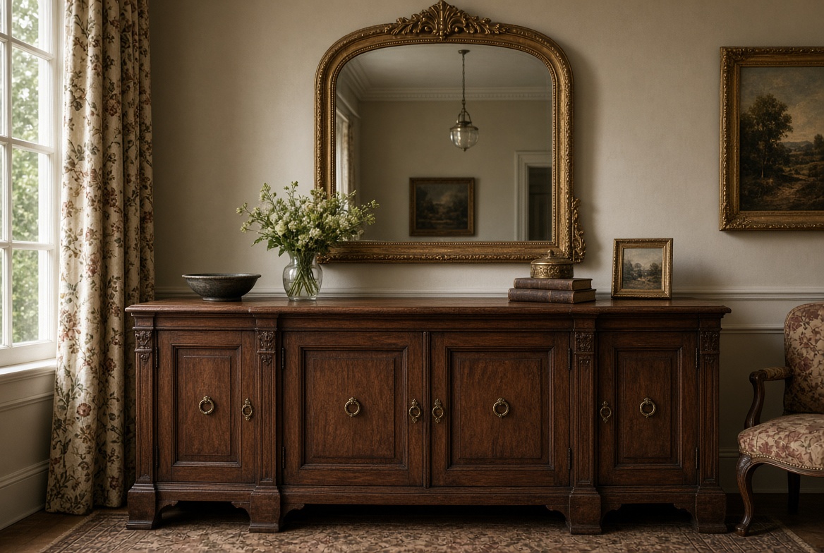 Antique oak sideboard and gilt mirror