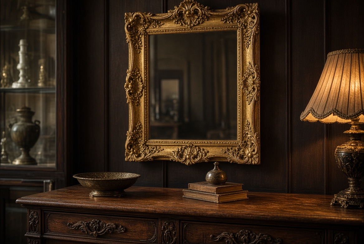 Antique gilt looking glass above an oak chest