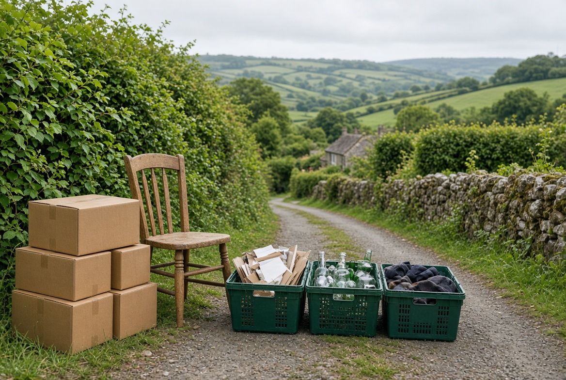 Boxes, a reused wooden chair and recycling crates on a Devon country lane