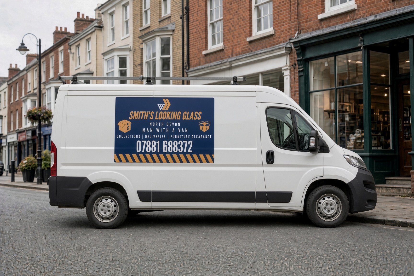 White work van with Smith's Looking Glass signwriting